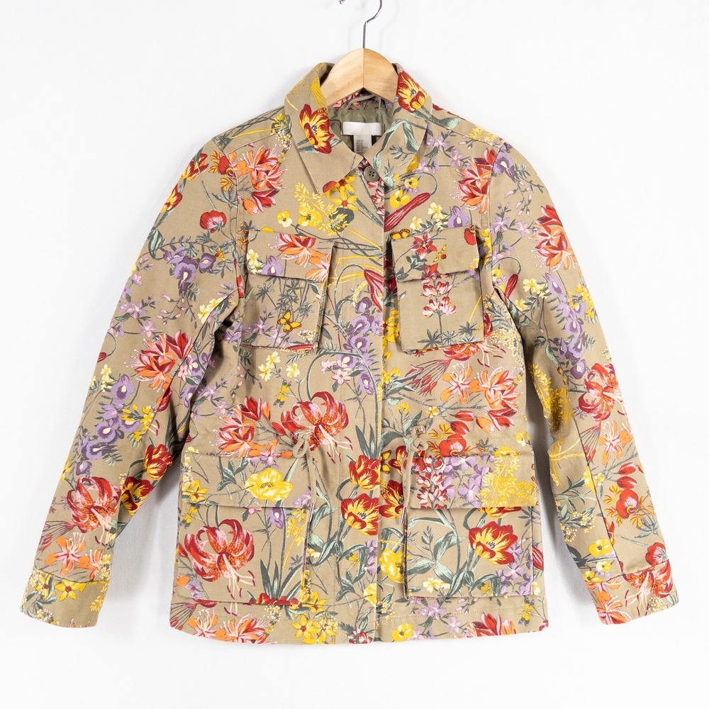 H&M Anorak Jacket Womens Sz 2 Tan Multicolor Floral Zip Up Snap Pockets Lined